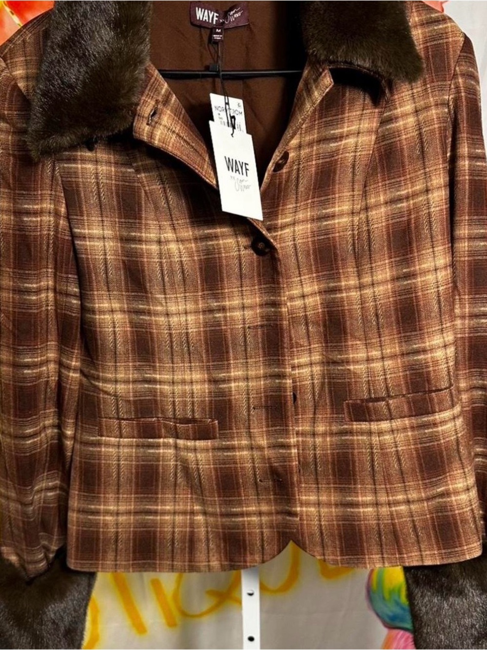 S313. WAYF Brown Plaid Wool-Blend Jacket with Faux Fur Trim